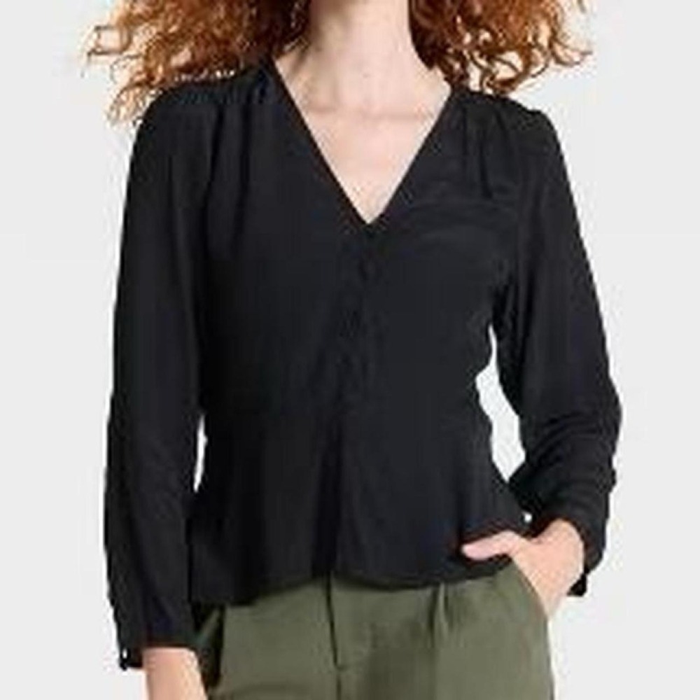 A New Day Black Long Sleeve Blouse with V-Neckline and Button Front Detail